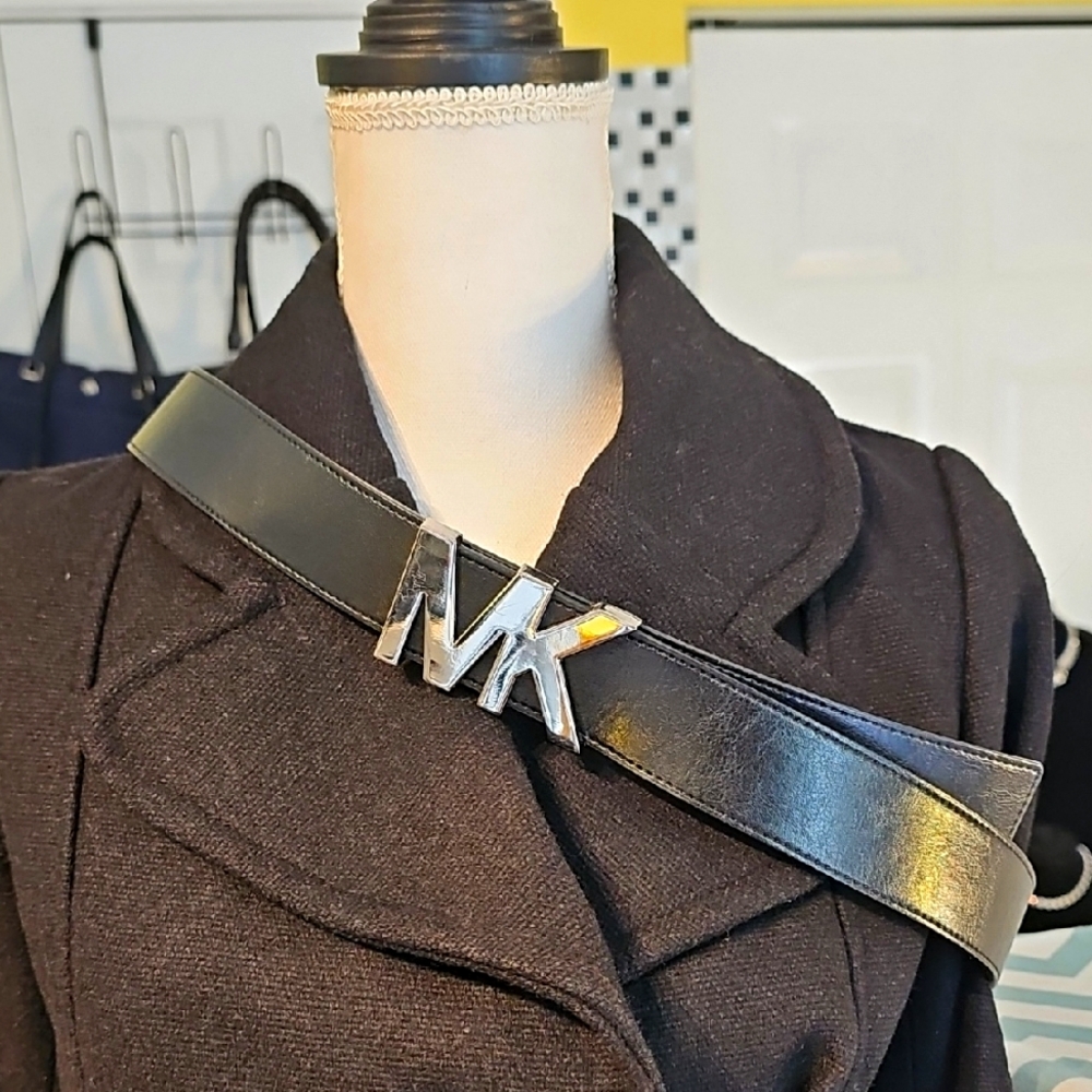 Michael Kors Extra Large Black Belt With Silver MK Logo Buckle
